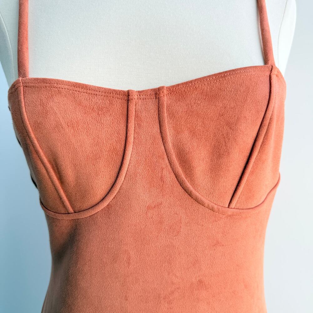 Terracotta Faux Suede Bodycon Mini Dress XL Spaghetti Strap Bustier Style Ballet - Picture 2 of 10
